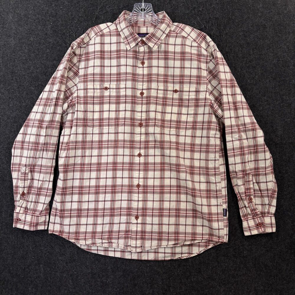 Patagonia Shirt Men's Large White Red Plaid Organic Pima Cotton Pockets Outdoor